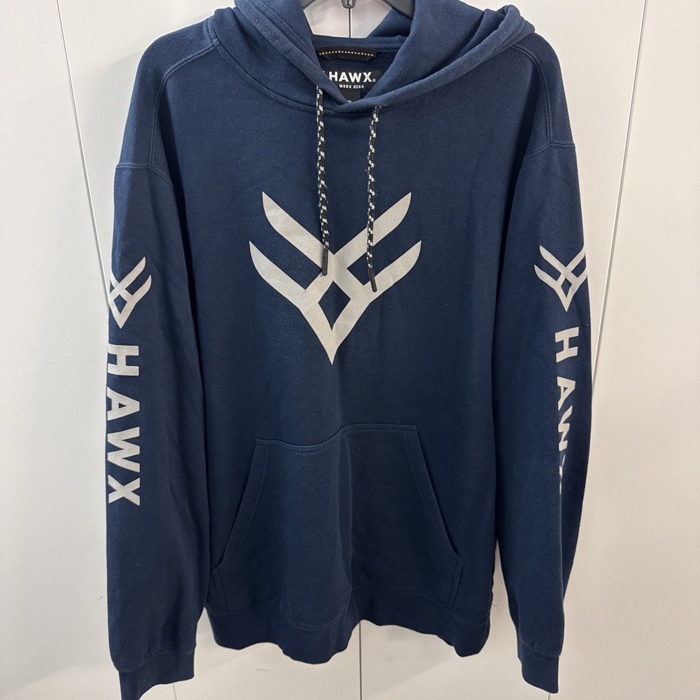 HAWX Work Gear Hoodie Mens Large Blue Fleece Pullover Logo Pouch Pocket